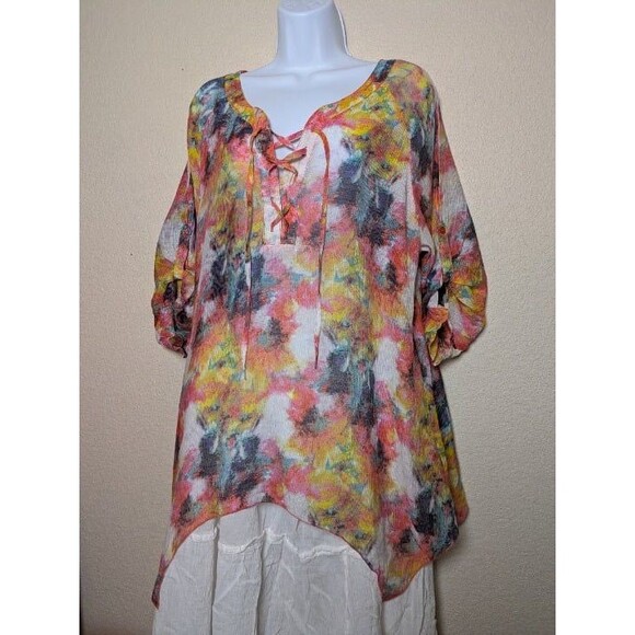 Abstract Floral Lace Up Blouse Womens Size Large Boho Festival Artistic Flowy - Picture 10 of 10